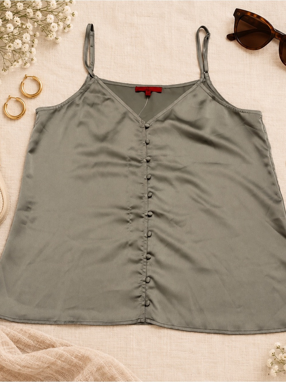 NWT Red by Buckle Sage Grey Satin Button Front Cami Top M